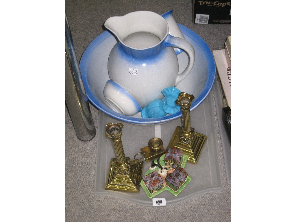 Appraisal: Tray lot comprising a bathroom set brass candl