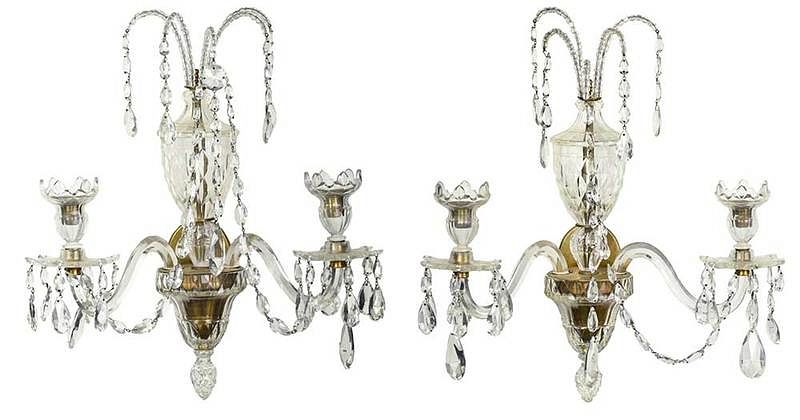 Appraisal: Pair Adam Style Cut Glass and Brass Wall Sconces British