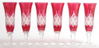 Appraisal: Bohemian Etched Glass Wine Glasses Cranberry red cut to clear