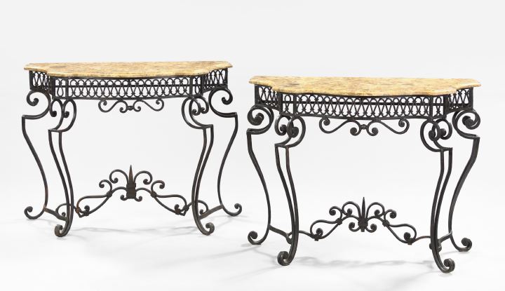 Appraisal: Pair of Wrought-Iron and Marble-Top Side Tables in the Regency