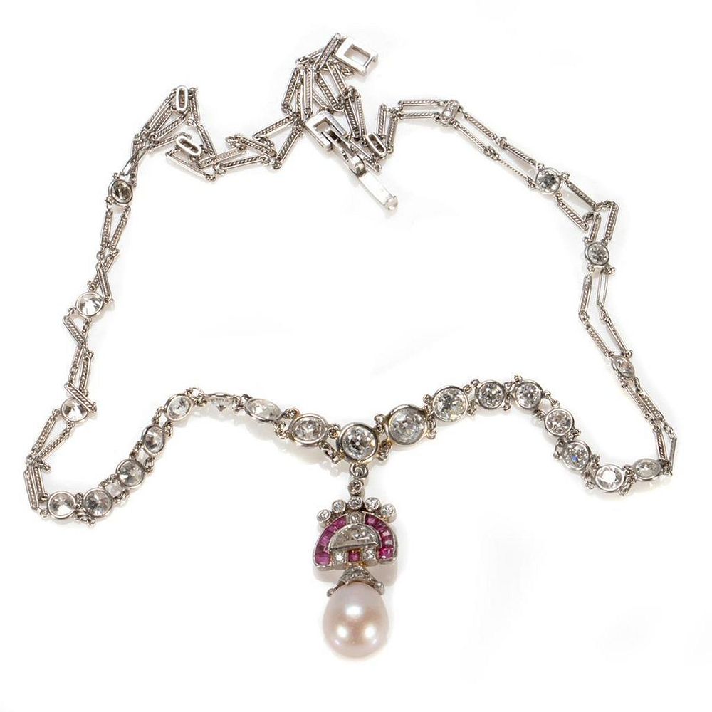 Appraisal: Vintage diamond ruby and cultured pearl necklace the platinum necklace