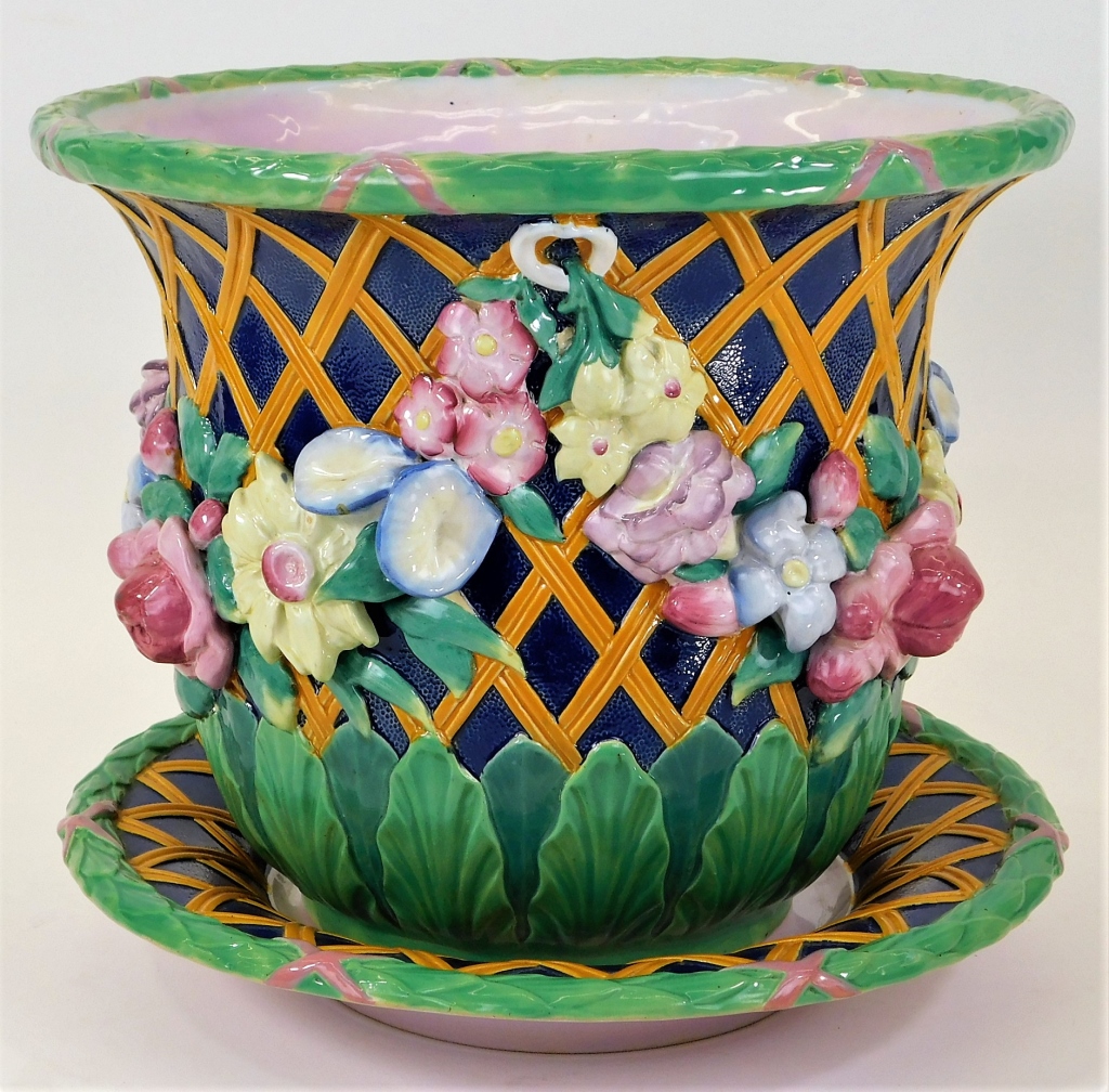 Appraisal: ENGLISH MINTON MAJOLICA FLOWER BASKET JARDINIERE England Circa Large planter