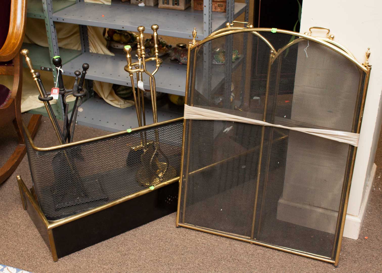 Appraisal: Three fire screens and two sets of fire tools