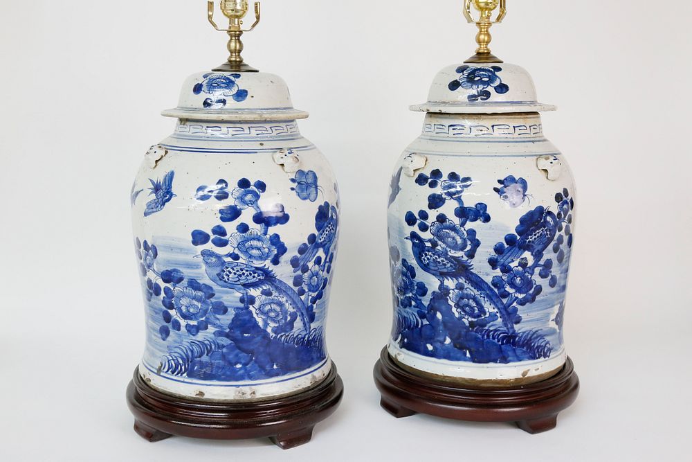 Appraisal: Pair of Chinese Porcelain Covered Temple Jar Lamps Pair of