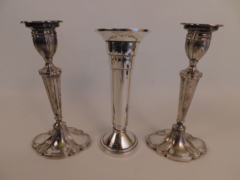 Appraisal: ENGLISH STERLING CANDLESTICKS VASE Pair of English sterling silver candlestick