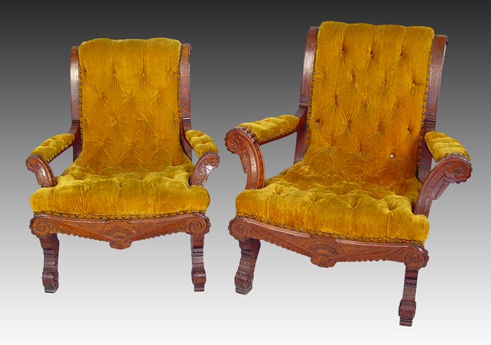 Appraisal: PAIR RENAISSANCE REVIVAL VICTORIAN PERIOD SLIPPER CHAIRS Tufted velvet upholstery