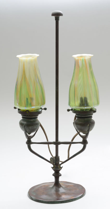 Appraisal: TIFFANY STUDIOS BRONZE TWO-LIGHT DESK LAMP FITTED WITH TWO ASSEMBLED