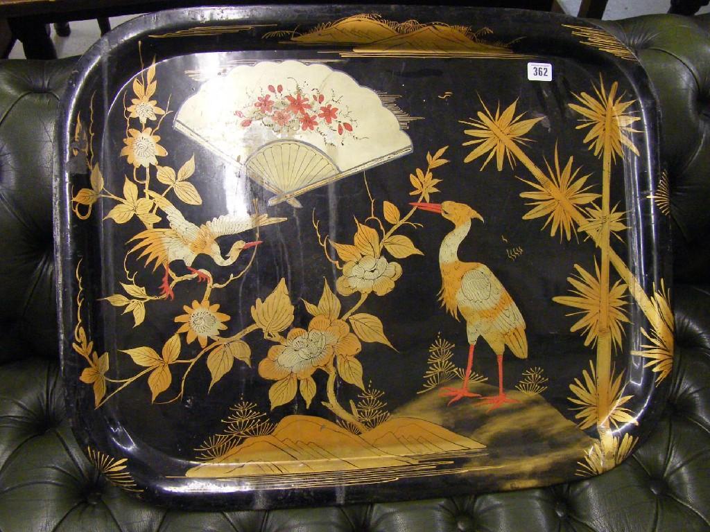 Appraisal: Japanned toleware tray decorated with foliate vines and cranes x