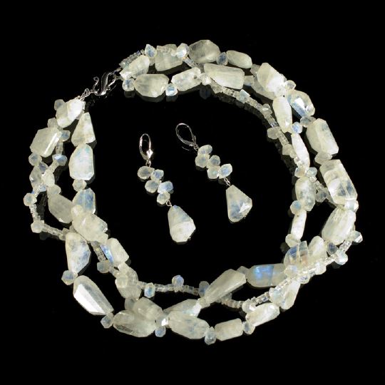 Appraisal: Subtle Fourteen-Karat White Gold and Moonstone Necklace and Earring Set