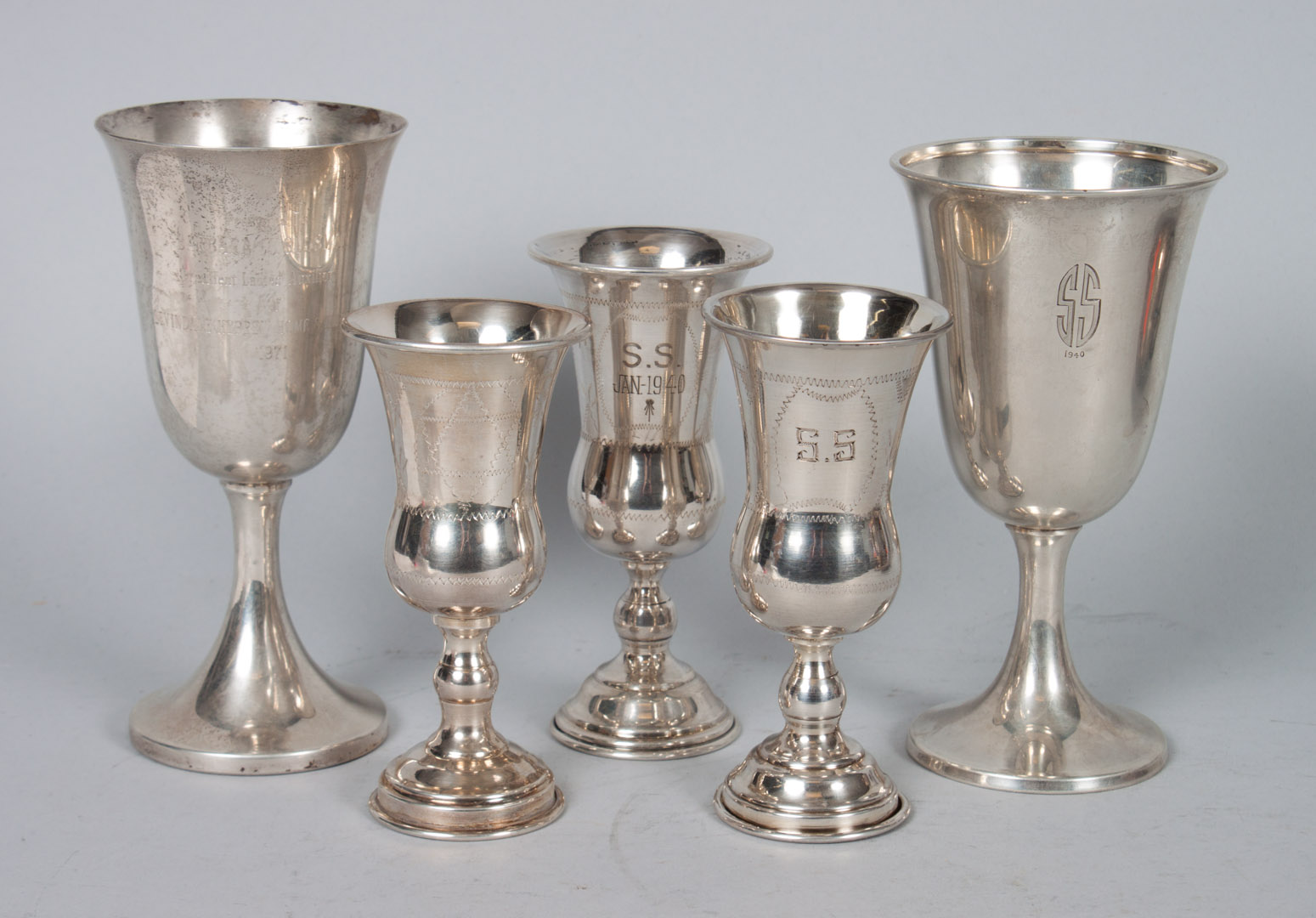 Appraisal: Five American sterling silver Kiddush cups the tallest in H