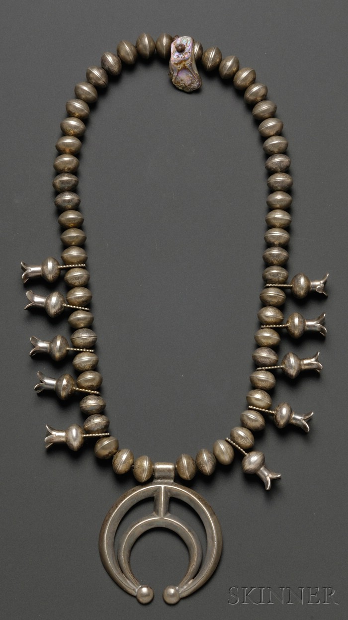 Appraisal: Southwest Silver Squash Blossom Necklace Navajo th century compressed globular