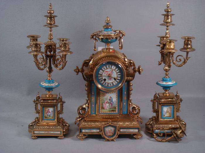 Appraisal: pc gilt bronze French clock set with HP Sevres type