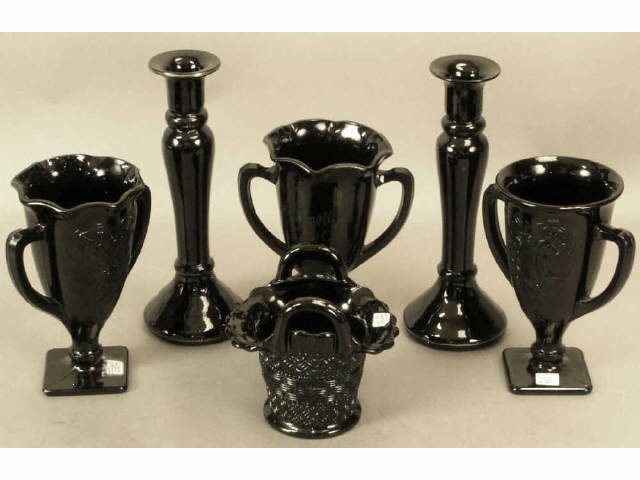 Appraisal: Collection of black amethyst glass includes matched pair of candlesticks