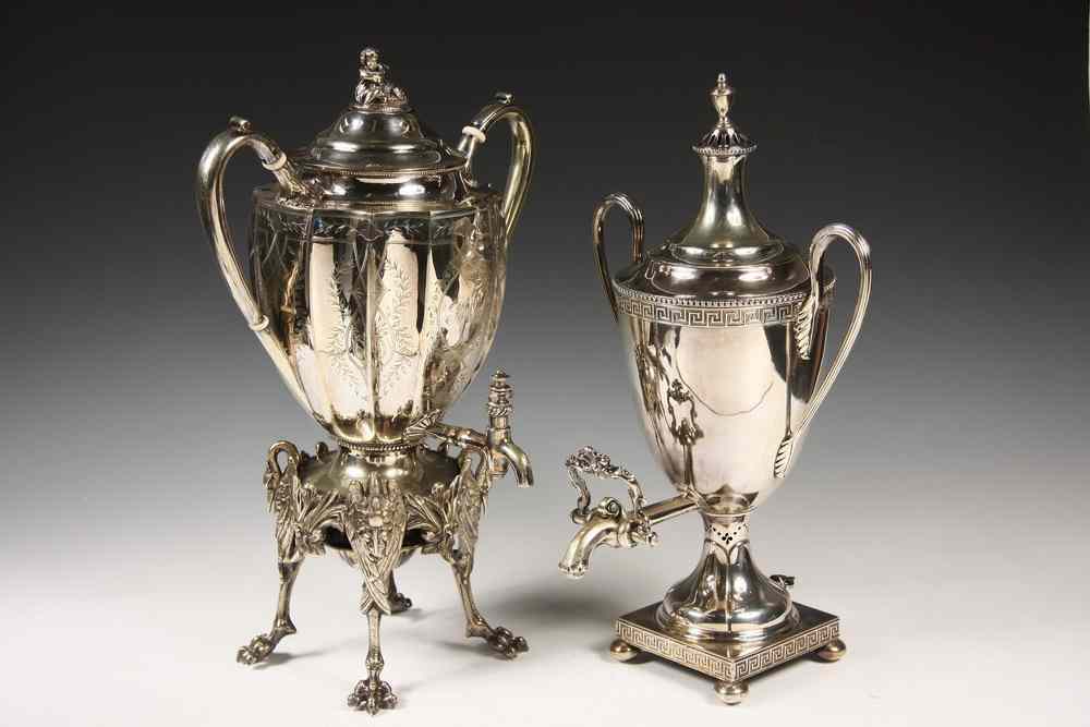 Appraisal: SILVERPLATE HOT WATER URNS - Two th c Silverplate the