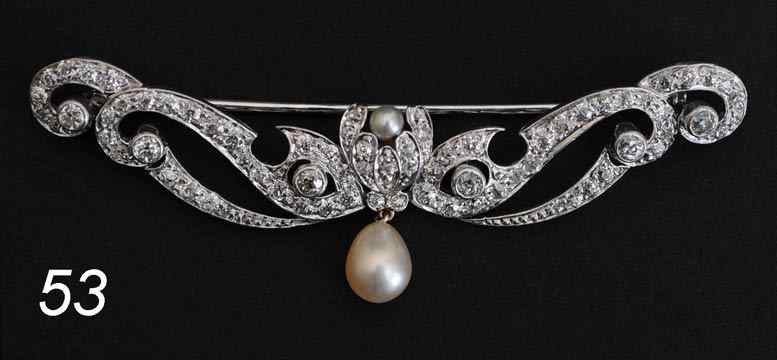 Appraisal: k White Gold Brooch with diamonds and pearl '' wide