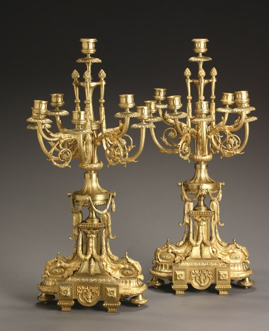 Appraisal: Pair of Louis XVI Style Ormolu Eight-Light Candelabra Circa Lacking