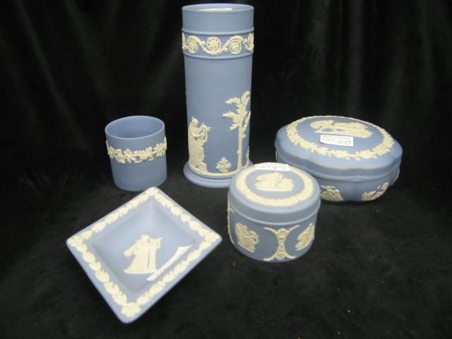 Appraisal: Pcs Wedgwood Blue Jasperware vase dresser box powder jar triangular