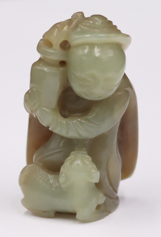 Appraisal: Chinese Carved Celadon Jade Figure with Dog Chinese carved celadon