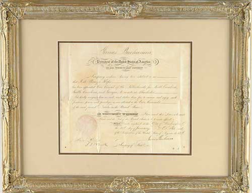 Appraisal: FRAMED JAMES BUCHANAN PRESIDENTIAL DOCUMENT Document appointing J De Bruyn