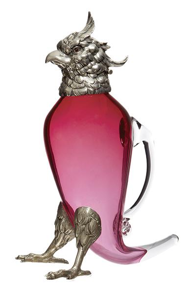 Appraisal: A CONTEMPORARY PARROT FORM SILVER MOUNTED CLARET JUG IN CRANBERRY