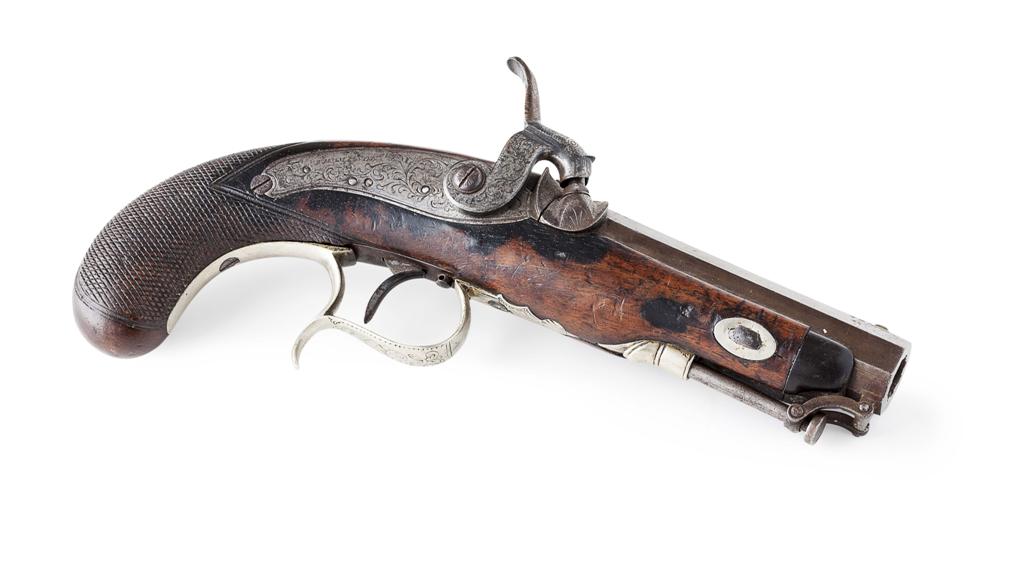 Appraisal: PERCUSSION TRAVELLING PISTOL CIRCA the back-action lock signed THOMPSON the