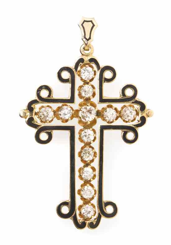 Appraisal: A Victorian Yellow Gold Diamond and Enamel Cross Pendant in