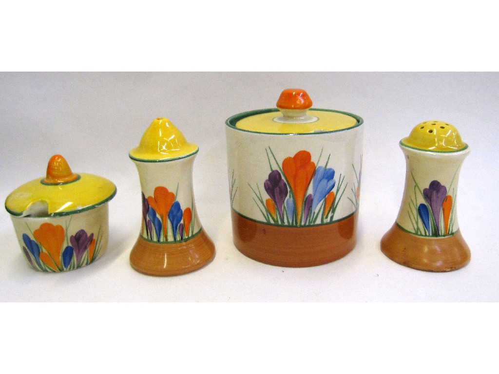 Appraisal: Clarice Cliff three piece Crocus pattern cruet set comprising salt