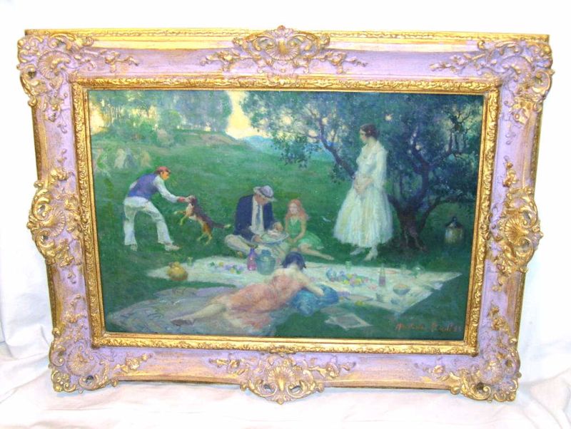 Appraisal: French Picnic - Malcolm Parcell Oil on board of a