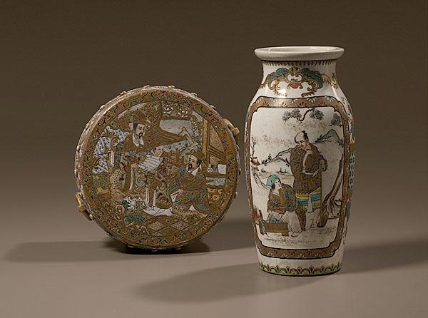 Appraisal: SATSUMA COVERED BOX AND VASE Japanese Meiji Period - A