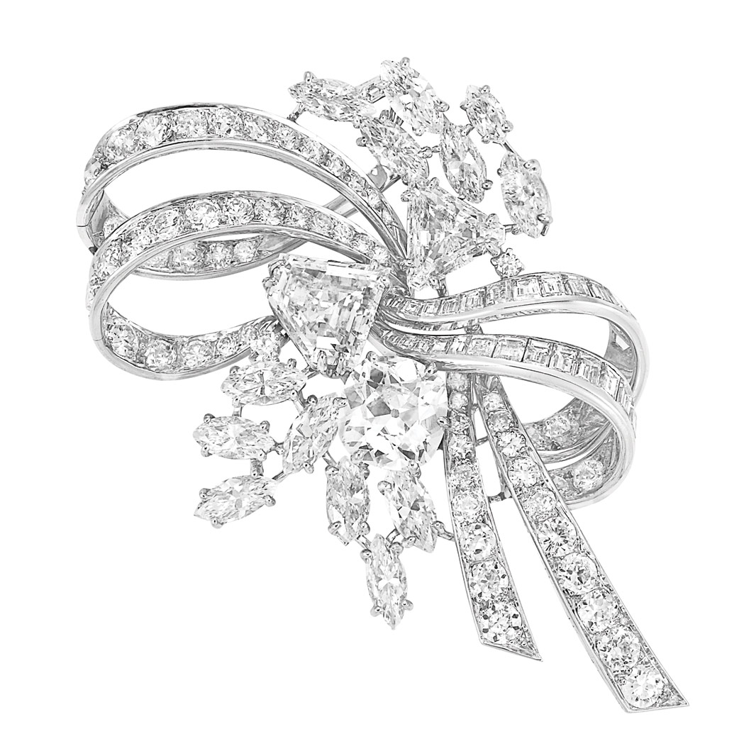 Appraisal: Platinum and Diamond Bow Clip-Brooch Chaumet The stylized bow centering