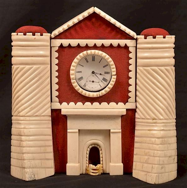 Appraisal: Ivory Clock Tower with Early Pocket Watch Carved Ivory Clock