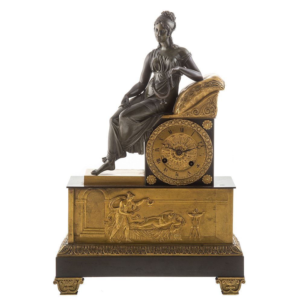 Appraisal: French Empire Bronze Figural Clock Circa gilt and patinated bronze