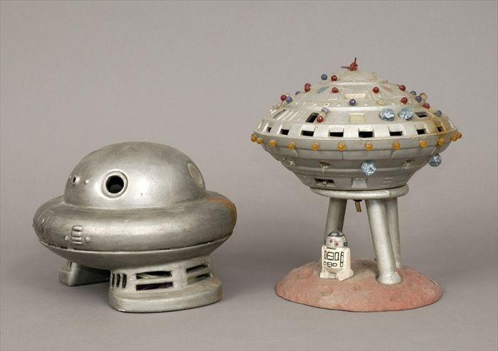 Appraisal: Two Late th C Space Ship-Form Table Lamps Ceramic and