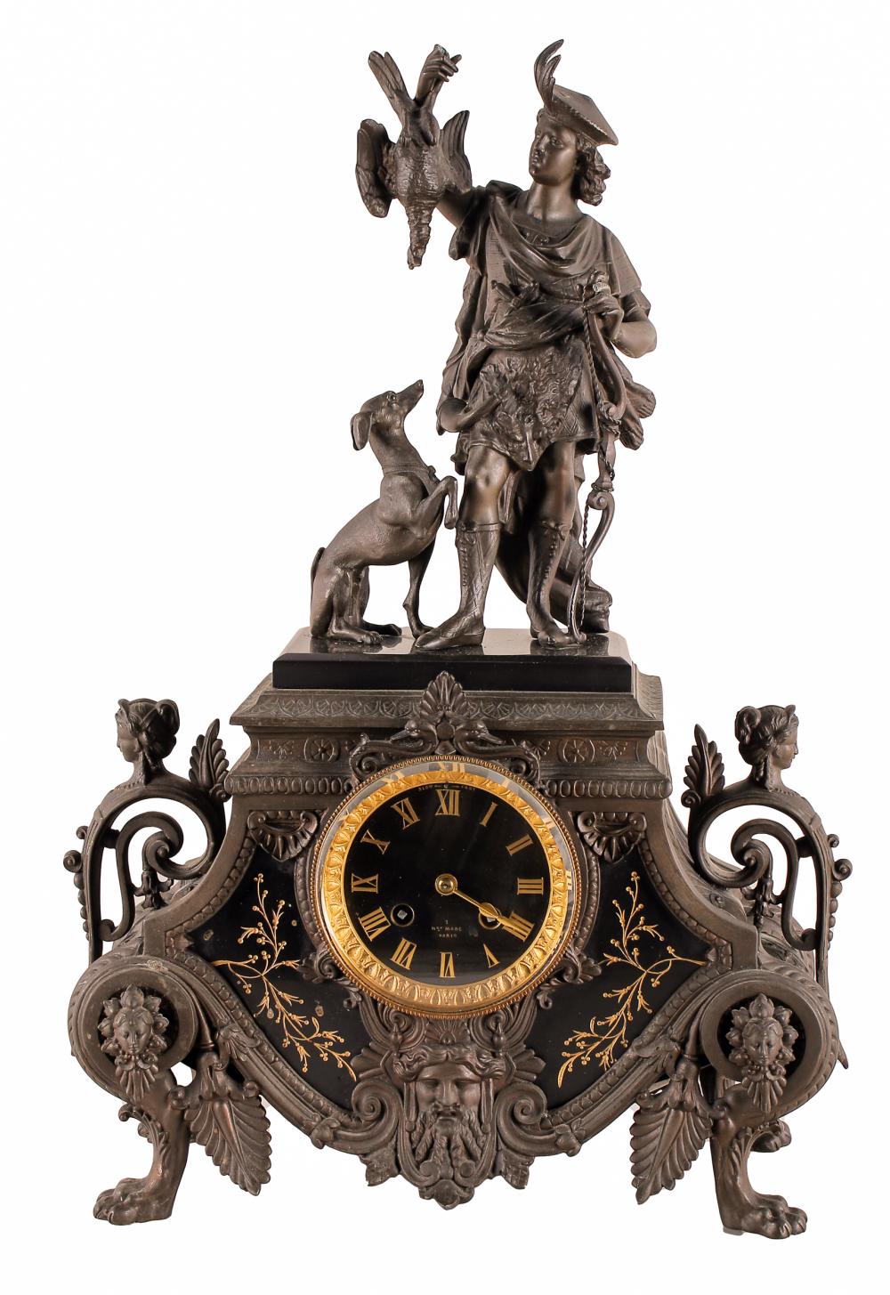 Appraisal: FRENCH FIGURAL MANTEL CLOCKpatinated and gilt metal the dial signed