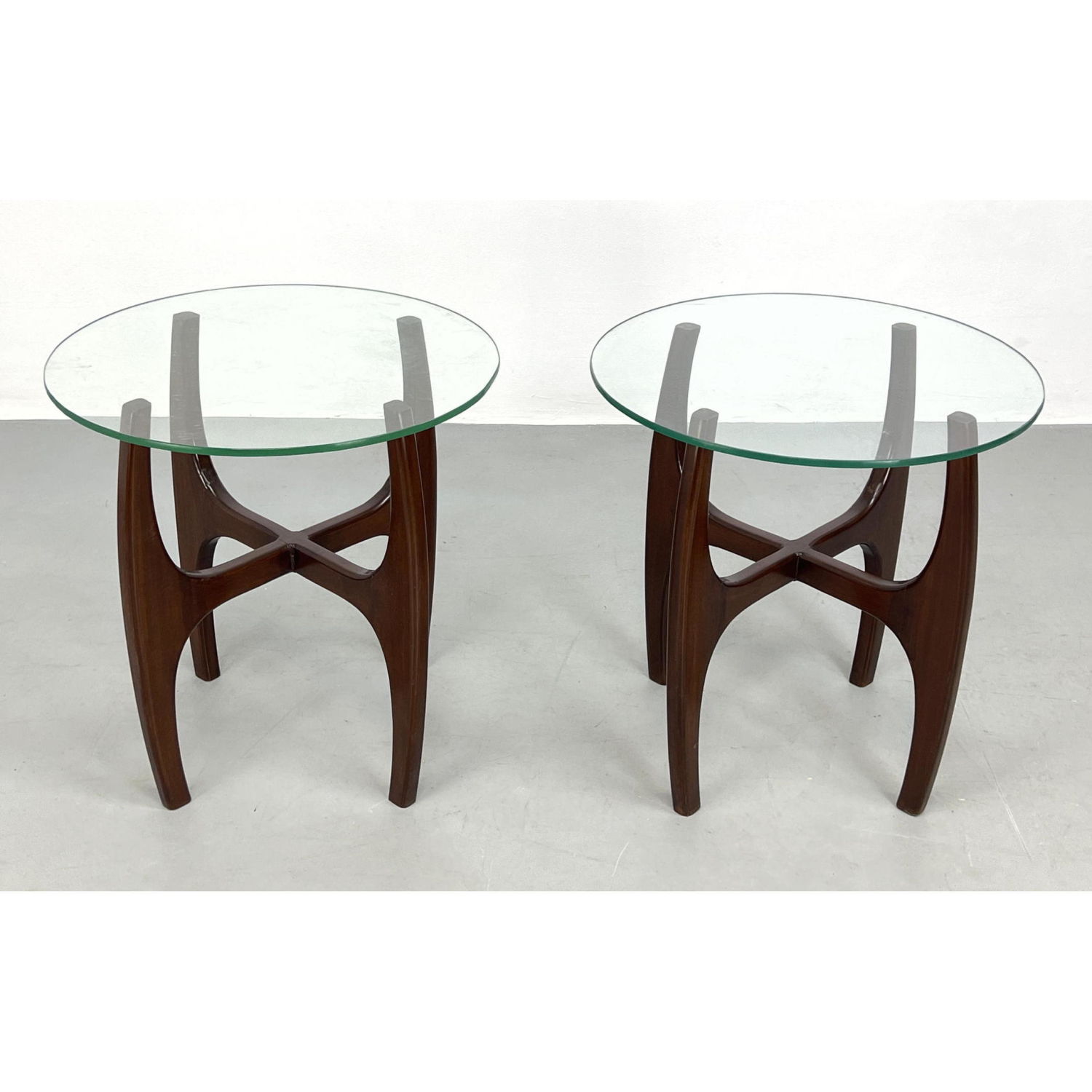 Appraisal: Pr Contemporary Modern Glass Top Side Tables Curved wood frames