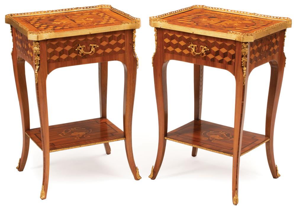 Appraisal: Pair of Louis XV-Style Bronze-Mounted Marquetry and Parquetry Side Tables