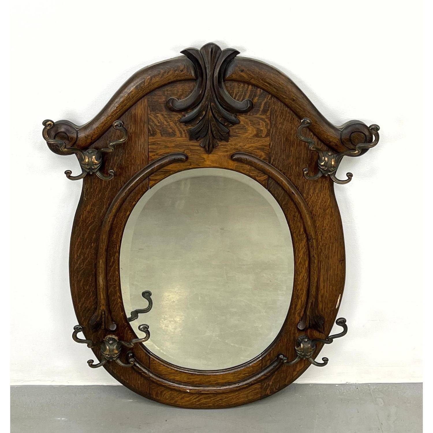 Appraisal: Antique Oak Coat Rack Mirror with Decorative Top and Metal