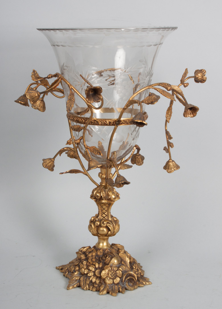 Appraisal: Victorian style gilt-metal and etched glass vase floral-form gilt-metal base