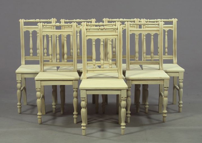 Appraisal: Suite of Eight Provincial Polychromed Plank-Seat Dining Chairs each with