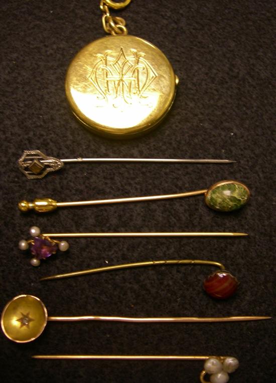 Appraisal: JEWELRY Six K gold stick pins with assorted stones K