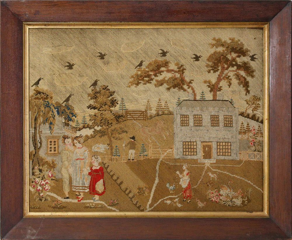 Appraisal: English Needlework Embroidery Farmhouse and Family Scene th c th