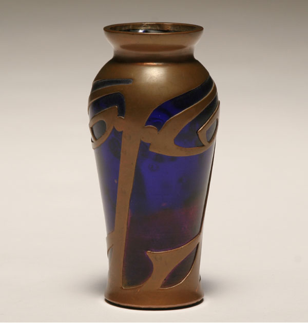 Appraisal: Loetz cobalt iridescent art glass vase with copper overlay in