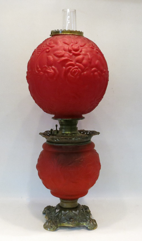 Appraisal: RUBY RED KEROSENE TABLE LAMP Gone With the Wind style