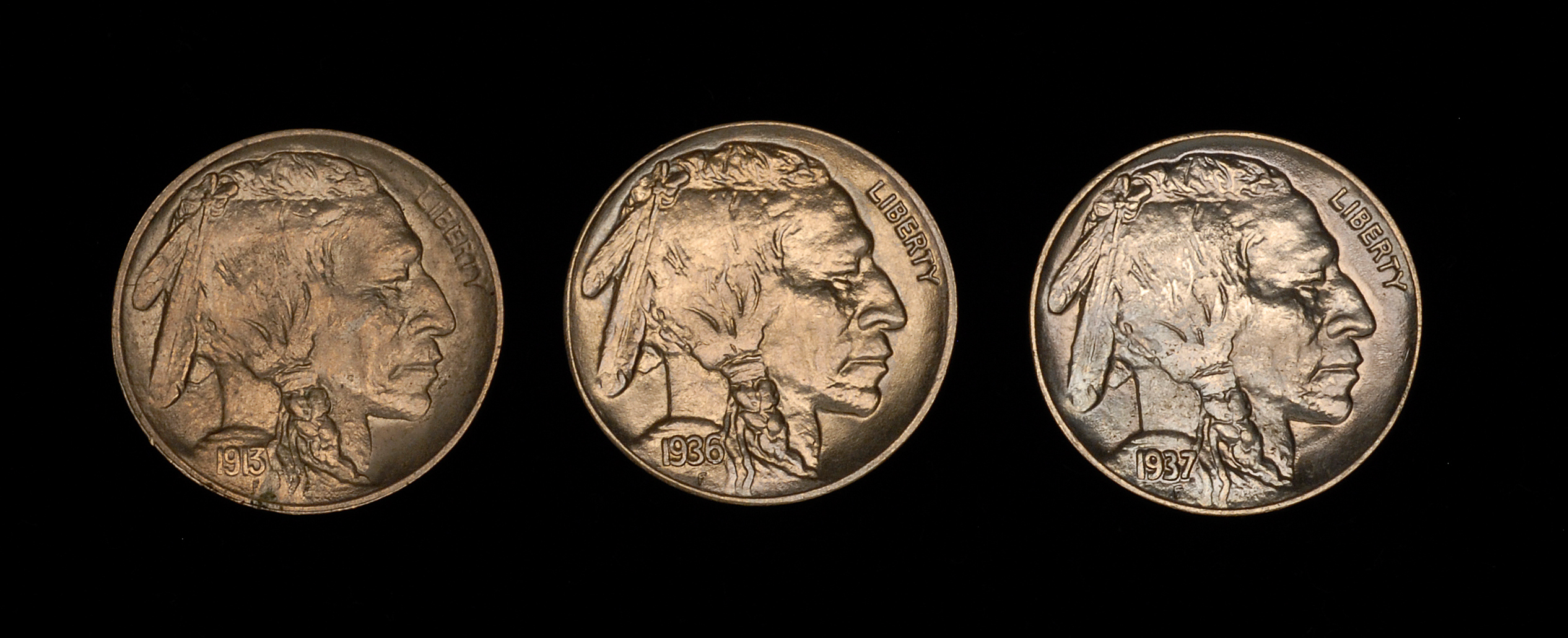 Appraisal: THREE U S BUFFALO NICKELS Type I and Type II