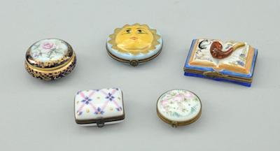 Appraisal: A Group of Five Limoges Porcelain Boxes Containing a blue