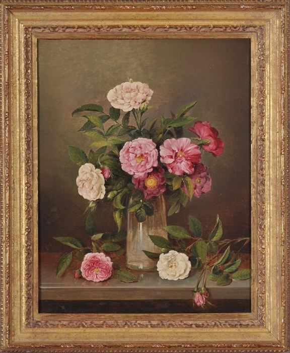 Appraisal: ATTRIBUTED TO EDOUARD KLIEBER STILL LIFE WITH PINK ROSES Oil