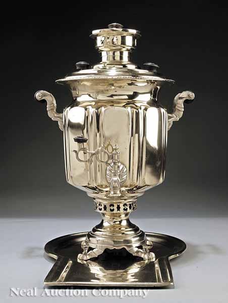 Appraisal: A Russian Brass Samovar with Tray probably Tula of typical