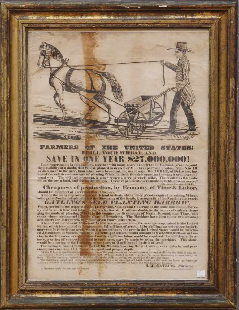 Appraisal: AMERICAN BLACK-PRINTED TRADE ADVERTISEMENT FOR GATLING'S SEED PLANTING HARROW The