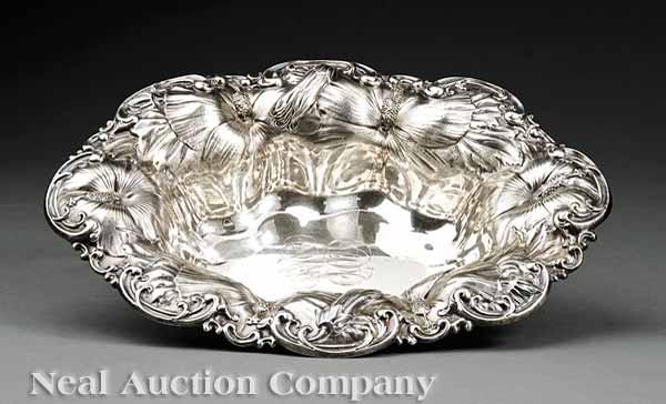 Appraisal: An Antique Whiting Sterling Silver Oval Bowl Art Nouveau hibiscus