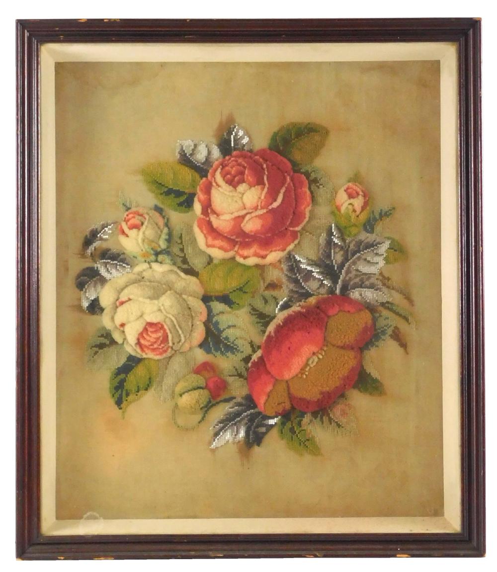 Appraisal: Embroidery picture of roses th C tufted blossoms surrounded by